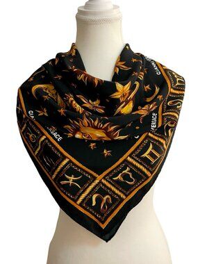 Gianni Versace Silk Scarf Celestial Zodiac Print Black Gold Paris France